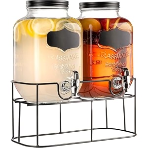 bellemax 4 litre set of 2 glass iced drink dispenser with spout amp tap steel lid amp stand cold beverage dispenser for beer water cocktails detox drinks amp more perfect for parties amp events bs-09