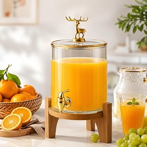 bellemax 3 litre glass iced drink dispenser with spout amp tap glass lid and wooden stand  cold beverage dispenser for beer water cocktails detox drinks perfect for parties amp events bs-04