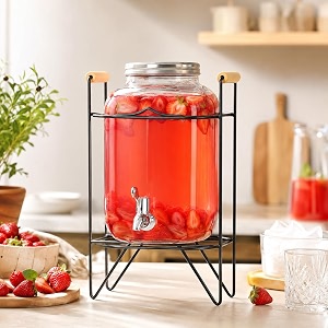 bellemax 3 litre glass iced drink dispenser with spout amp tap steel lid amp stand cold beverage dispenser for beer water cocktails detox drinks amp more perfect for parties amp events