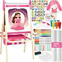 Belleur All-in-One Art Easel for Kids, Adjustable Double Sided Easel for Toddlers with Magnetic Whiteboard &amp; Dry-Erase Chalk Board &amp; Paper Roll, Child Painting Easel for Kid 2-8 Birthday Gift - Pink