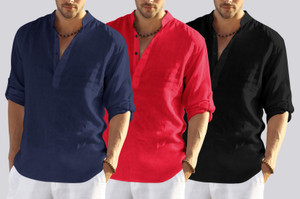 bellstone pack of 3 solid cotton blend straight kurta for men black dark blue red