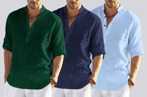 bellstone pack of 3 solid cotton blend straight kurta for men dark green light blue dark blue