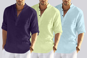 bellstone pack of 3 solid cotton blend straight kurta for men light blue light green purple