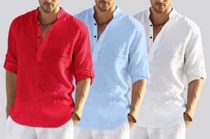 bellstone pack of 3 solid cotton blend straight kurta for men light blue red white