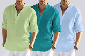 bellstone pack of 3 solid cotton blend straight kurta for men light green light blue blue
