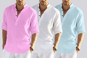 bellstone pack of 3 solid cotton blend straight kurta for men pink white light blue