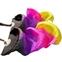 Belly Dance Faux Silk Veil Fans, 1 Pair (Left+Right) Faux Silk Bamboo Long Fans Veils, Handmade Belly Dance Dancing Silk Fans, Dance Performance