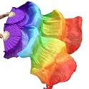 Belly Dance Faux Silk Veil Fans, 1 Pair (Left+Right) Faux Silk Bamboo Long Fans Veils, Handmade Belly Dance Dancing Silk Fans, Dance Performance