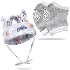 bembika baby head protector amp knee pads combo  crawling safety helmet elbow amp knee protection for babies and toddlers lightweight amp breathable -for 624 months  grey