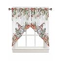 BEMIGO Christmas Cute Gnome Kitchen Valance Curtains,Farmhouse Swag Curtains,Xmas Eucalyptus Leaves Poinsettia for Bathroom Bedroom,Rod Pocket Window Panels Over Sink 36'' W x 45'' L,Set of 2
