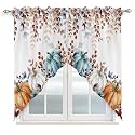 BEMIGO Fall Valances for Windows Thanksgiving Kitchen Window Curtains Over Sink, Blue Orange Pumpkin Rod Pocket Swag Curtains Valance,2 Panels,36 Inches Length