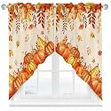 BEMIGO Fall Valances for Windows Thanksgiving Kitchen Window Curtains Over Sink, Orange Pumpkin Maple Leaf Rod Pocket Swag Curtains Valance,2 Panels,36 Inches Length