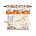 BEMIGO Fall Valances for Windows Thanksgiving Kitchen Valance Curtains Orange Pumpkin Maple Leaves Light Filtering Thermal Insulated Window Curtains for Living Room Bedroom Decor, 60x18in