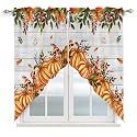 BEMIGO Fall Valances for Windows Thanksgiving Kitchen Window Curtains Over Sink, Orange Pumpkin Rod Pocket Window Curtain Panel Swag Curtains Valance Wood Grain,2 Panels,36 Inches Length
