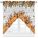 BEMIGO Fall Valances for Windows Thanksgiving Kitchen Window Curtains Over Sink, Orange Pumpkin Rod Pocket Window Curtain Panel Swag Curtains Valance Wood Grain,2 Panels,36 Inches Length