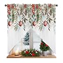 BEMIGO Swag Valances for Windows, Christmas Eucalyptus Leaves Rod Pocket Kitchen Window Curtains Over Sink, Xmas Poinsettia Flower Swag Curtains,2 Panels, 45 Inches Length