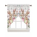 BEMIGO Swag Valances for Windows, Easter Egg Rabbit Kitchen Window Curtains Over Sink, Gray Plaid Rod Pocket Swag Curtains Valance, 2 Panels, 45 Inches Length