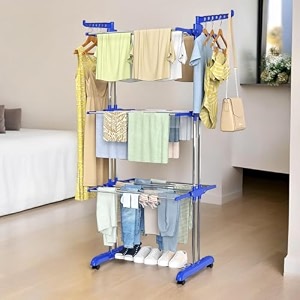 benesta clothes drying stand  3-tier foldable clothes hanger  large stainless steel laundry racks for indooroutdoorbalcony blue