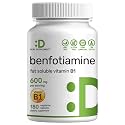 Benfotiamine 600mg Per Serving, 180 Veggie Capsules (300mg Per Cap) – Fat Soluble Vitamin B1 Thiamine Supplement – 3rd Party Tested, Vegan, Non-GMO, Gluten Free