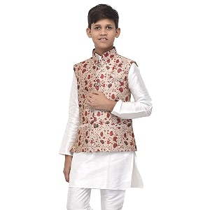 benstoke boys silk blend beige amp red printed nehru jacket