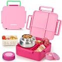 Bento Box for Kids with Thermos, [Large Capacity] Insulated Lunch Box Kids with 4 Compartment for Ages 3+, Drop-Proof & Dishwasher Safe Lunchbox Container Pink