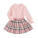 BeQeuewll Fall Winter Toddler Baby Girl Clothes 2Pcs Long Sleeve Ribbed Knit Shirt Plaid Skirt 1T 2T 3T 4T 5T Girls Dress