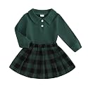 BeQeuewll Fall Winter Toddler Baby Girl Clothes 2Pcs Long Sleeve Ribbed Knit Shirt Plaid Skirt 1T 2T 3T 4T 5T Girls Dress