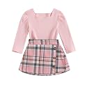 BeQeuewll Fall Winter Toddler Baby Girl Clothes 2Pcs Long Sleeve Ribbed Knit Shirt Plaid Skirt 1T 2T 3T 4T 5T Girls Dress