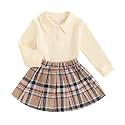 BeQeuewll Fall Winter Toddler Baby Girl Clothes 2Pcs Long Sleeve Ribbed Knit Shirt Plaid Skirt 1T 2T 3T 4T 5T Girls Dress