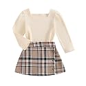 BeQeuewll Fall Winter Toddler Baby Girl Clothes 2Pcs Long Sleeve Ribbed Knit Shirt Plaid Skirt 1T 2T 3T 4T 5T Girls Dress