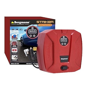 bergmann striker digital compact amp portable car amp bike tyre inflator  12v dc 120w 100 copper motor  digital gauge with preset amp auto cut-off  braided hose  led light  red