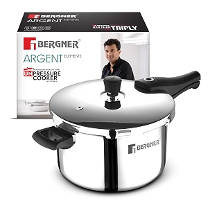 bergner argent elements triply outer lid pressure pan 45l healthy cooking even heat distribution sturdy durable handle easy lock system safety gasket - induction and gas stove ready