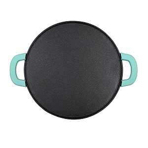 bergner elements cast iron 30 cm flat tawa pre-seasoned for parathadosapav bhajiwrapstortillauttapampancakecrepeeggstoast 2x teal blue silicone handles induction amp gas ready