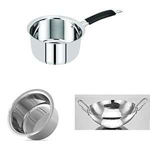 bergner essential stainless steel 3 pcs cookware set - 16cm tope 16cm saucepan 22cm kadai silver