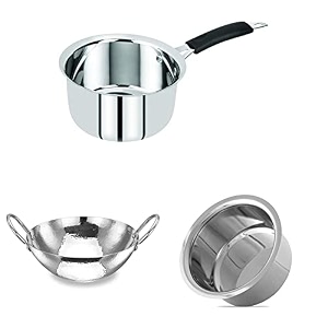 bergner essential stainless steel 3 pcs cookware set - 147cm tope 14cm saucepan 20cm kadai silver