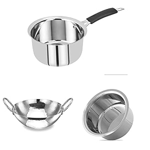 bergner essential stainless steel 3 pcs cookware set - 175cm tope 18cm saucepan 24cm kadai silver