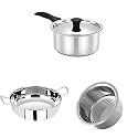Bergner Essential Stainless Steel 4 Pcs Cookware Set - 19cm Tope, 14cm Saucepan with Lid, 20cm Kadai (Silver)