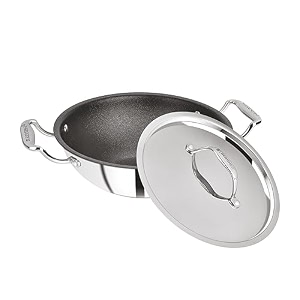 bergner hitech-peek triply stainless steel kadaiindian wok with steel lid 28 cm non stick performance coating induction bottom gas ready metal spatula friendly