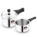 Bergner Sorrento Stainless Steel Outer Lid Pressure Cooker Combo - 5 Liters Cooker, 2 Litres and 3 Litres Cooker with a Common Lid, Heavy Bottom, Healthy Cooking - Induction and Gas Stove Ready
