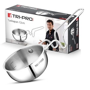 bergner tripro triply stainless steel 12cm tadka pan 500ml capacity for spice temperingseasoning long wire handle laser-etched scale smooth finished surface induction bottom and gas stove ready