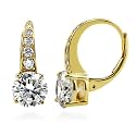 BERRICLE Sterling Silver CZ Solitaire Dangle Earrings for Women, Trendy Minimalist Simulated Diamond Cubic Zirconia Leverback Drop Earrings - Yellow Gold Flashed, Small/Large Size, Oval/Round Cut
