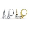 BERRICLE Sterling Silver CZ Solitaire Dangle Earrings for Women, Trendy Minimalist Simulated Diamond Cubic Zirconia Leverback Drop Earrings - Yellow Gold Flashed, Small/Large Size, Oval/Round Cut