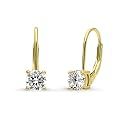 BERRICLE Sterling Silver CZ Solitaire Dangle Earrings for Women, Trendy Minimalist Simulated Diamond Cubic Zirconia Leverback Drop Earrings - Yellow Gold Flashed, Small/Large Size, Oval/Round Cut
