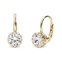 BERRICLE Sterling Silver CZ Solitaire Dangle Earrings for Women, Trendy Minimalist Simulated Diamond Cubic Zirconia Leverback Drop Earrings - Yellow Gold Flashed, Small/Large Size, Oval/Round Cut