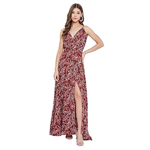 Berrylush Red Solid V Neck Maxi Dress