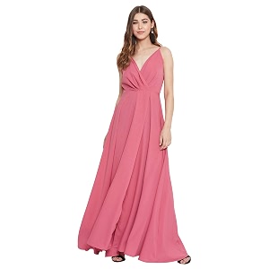 Berrylush Red Solid V Neck Maxi Dress