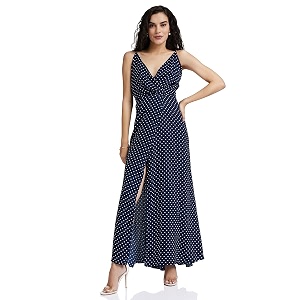 Berrylush Navy Blue Polka Dot Print V