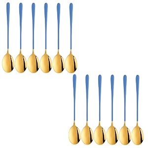 gold plated stainless steel 12pcs round dinner spoons for soup grainmilkdessertteacoffee gold blue dinner set