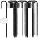 Besitu 24 inches J Hook Rebar Stakes (16-Pack), Extra Long Garden Stakes with Chisel Point End Steel Rebar Ground Stakes for Tent Chain Link Fence and Outdoor Decorations Black Coated