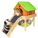 BESNEW 3 in 1 Enlarged Guinea Pig Hammock with House & Platform,Wooden Guinea Pig Hideout with Hammock & Stairs Small Animal Toys for Hiding Sleeping Activities